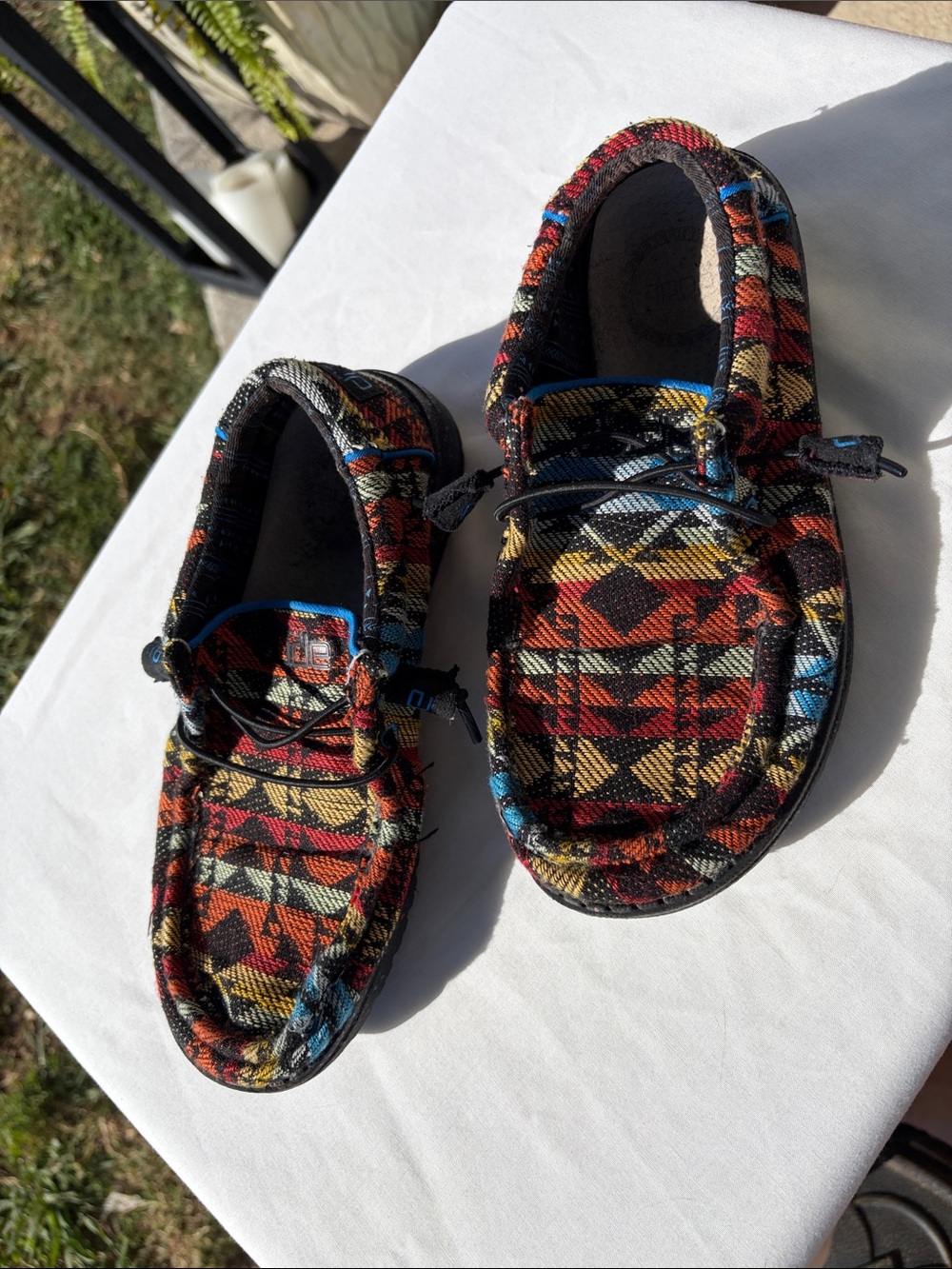 Hey Dude Kids Plaid Slip-On Moccasins in Red, Yellow, Blue, Black “Wally”